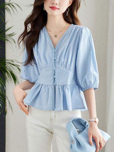 Anna Loose V-Neck Lantern Sleeve Cotton Top