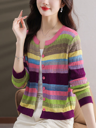 Hannah Classic Crew Neck Striped Knitted Cardigan