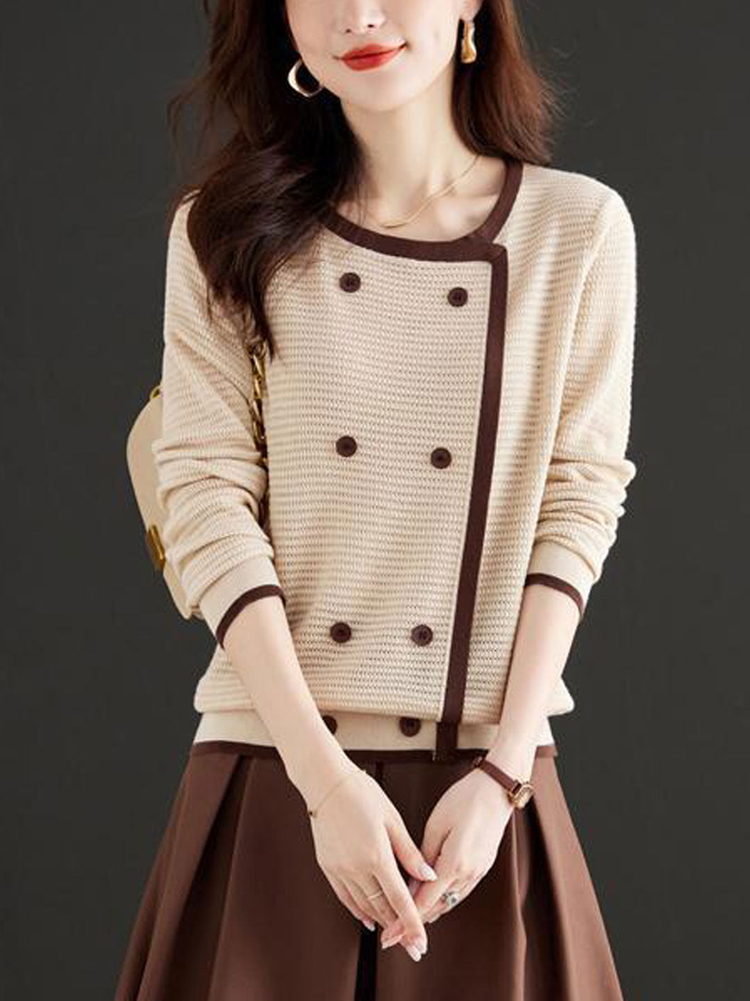 Sophia Loose Crew Neck Knitted Pullover Top-Coffee