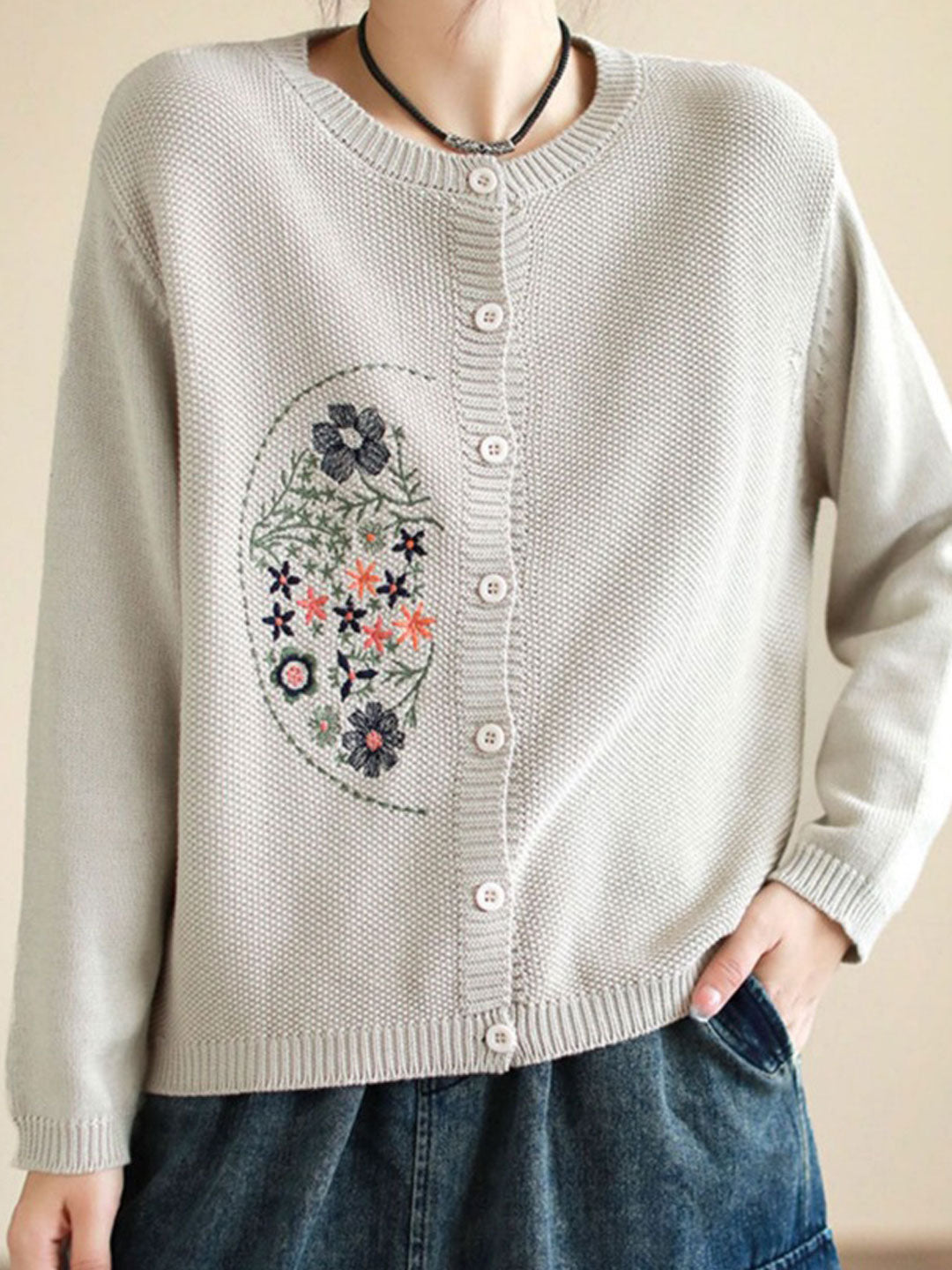 Brianna Retro Crew Neck Embroidered Knitted Cardigan