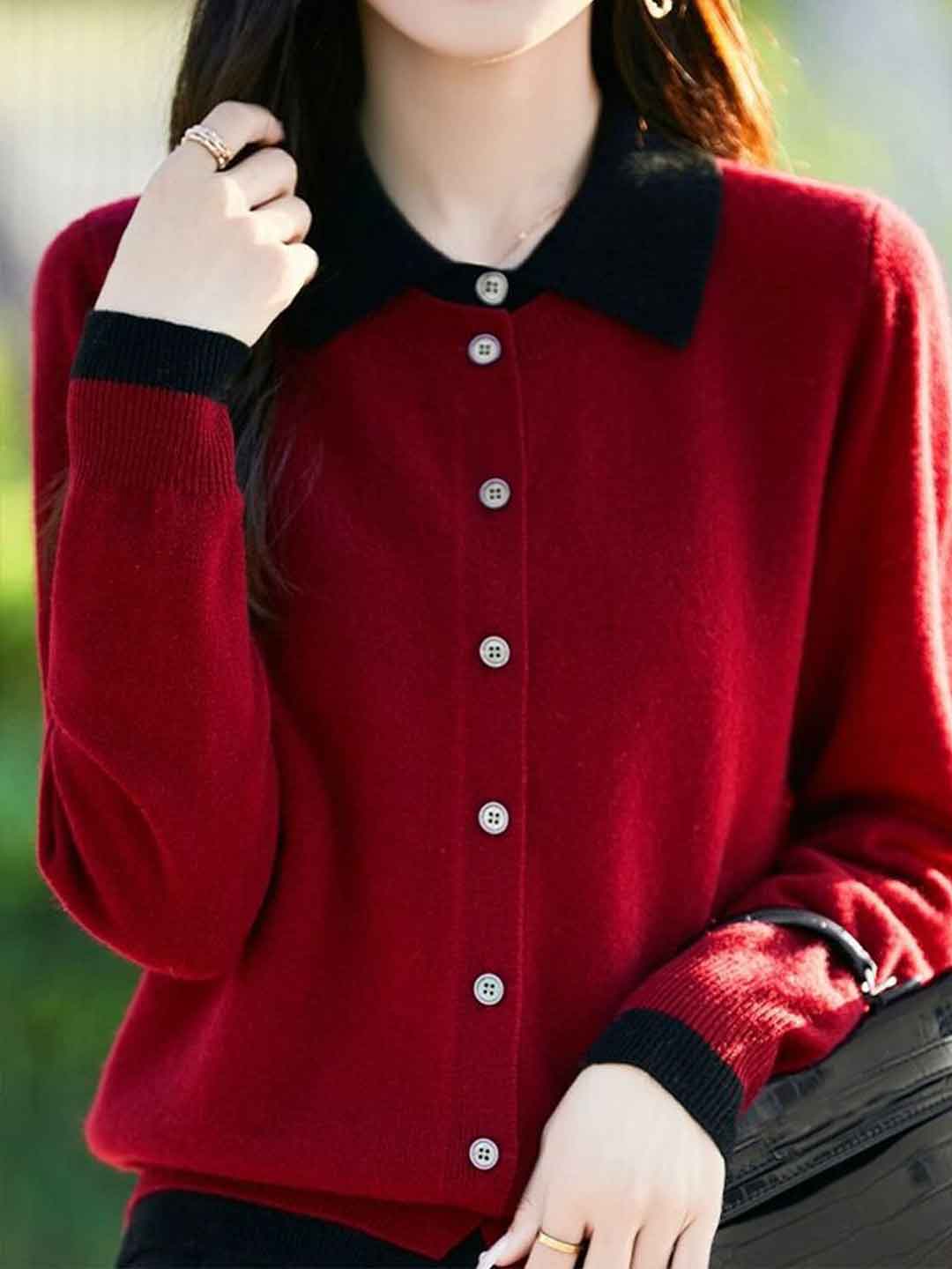 Claire Casual Lapel Colorblock Knit Cardigan Set