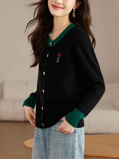 Ruby Loose Crew Neck Contrast Embroidered Knitted Cardigan