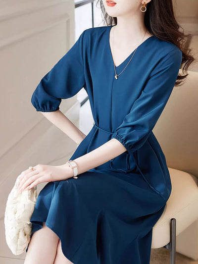 Emma Elegant V-Neck Solid Color Dress-Blue