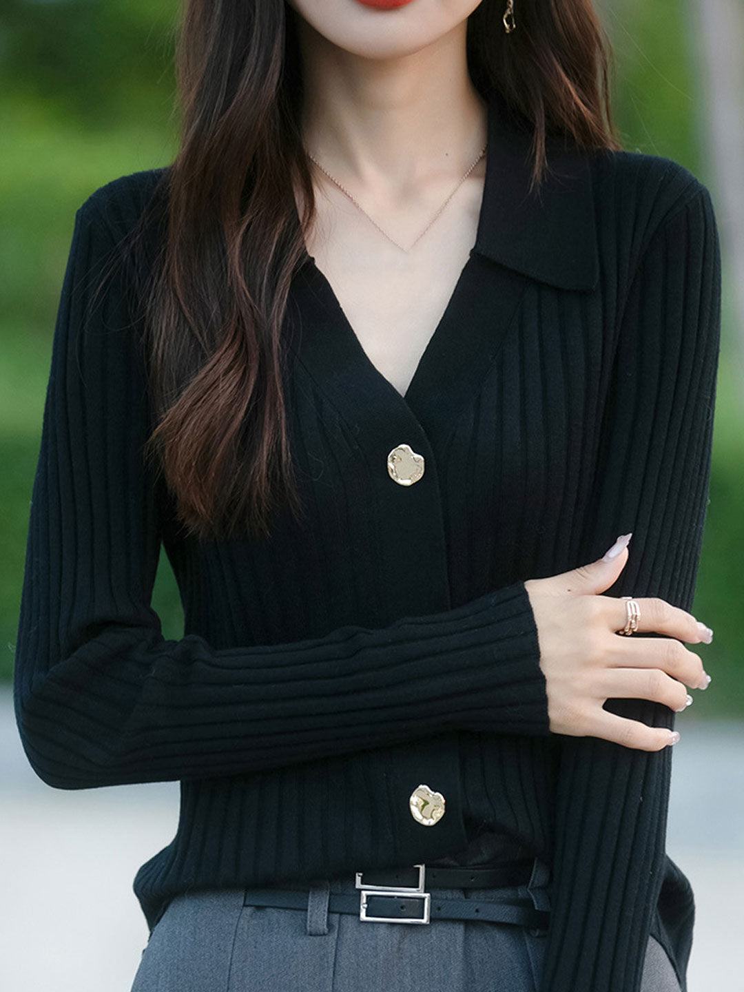 Mia Lapel Solid Color Ribbed Knitted Cardigan