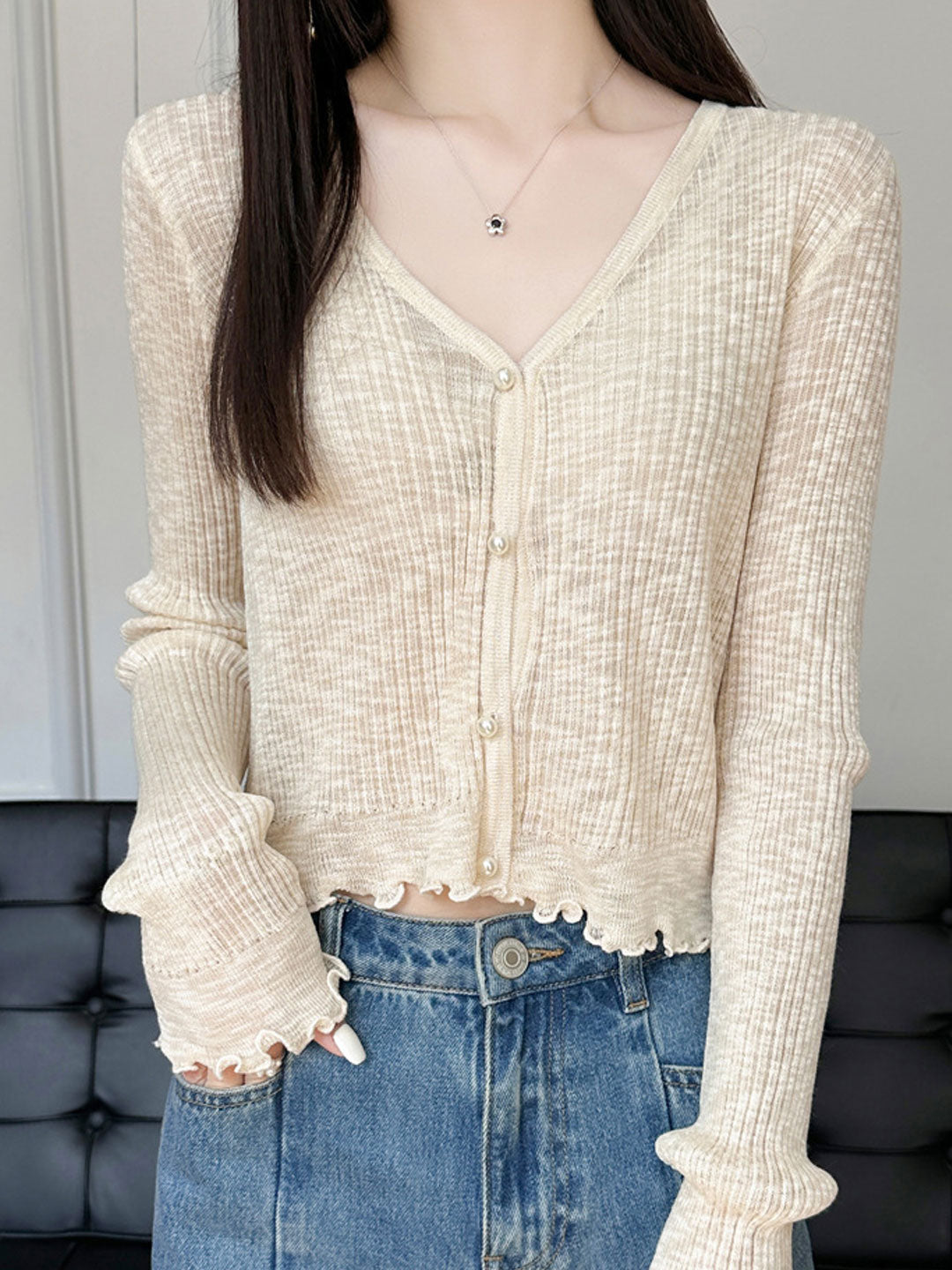 Bella V-Neck Solid Color Auricular Knitted Cardigan-Apricot