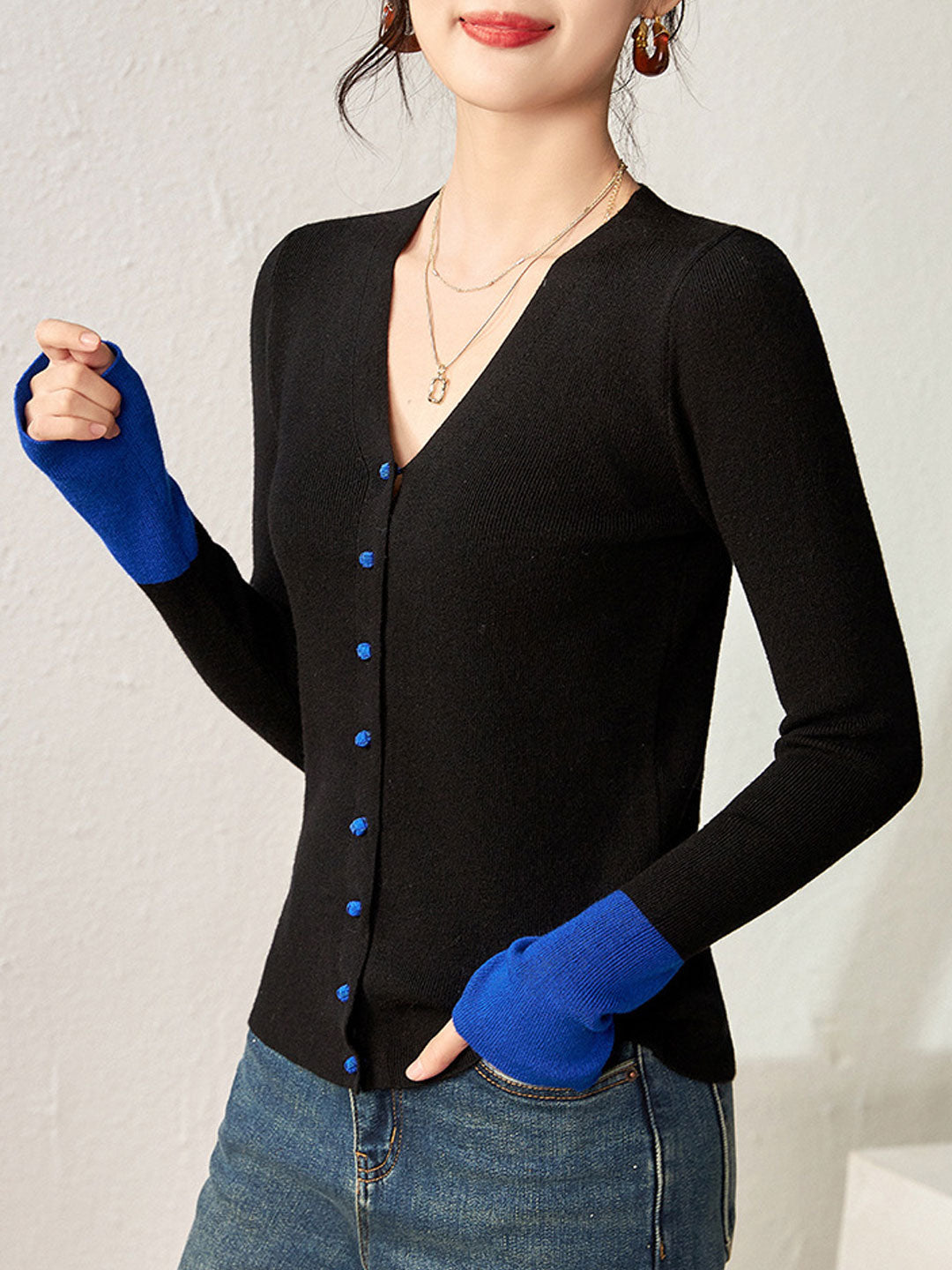 Kayla V-Neck Flared Sleeve Stitching Knitted Cardigan