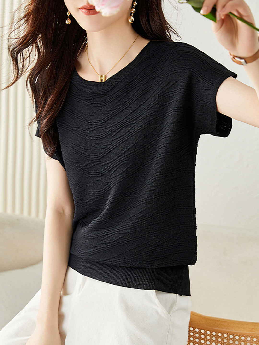 Claire Classic Crew Neck Texture Top