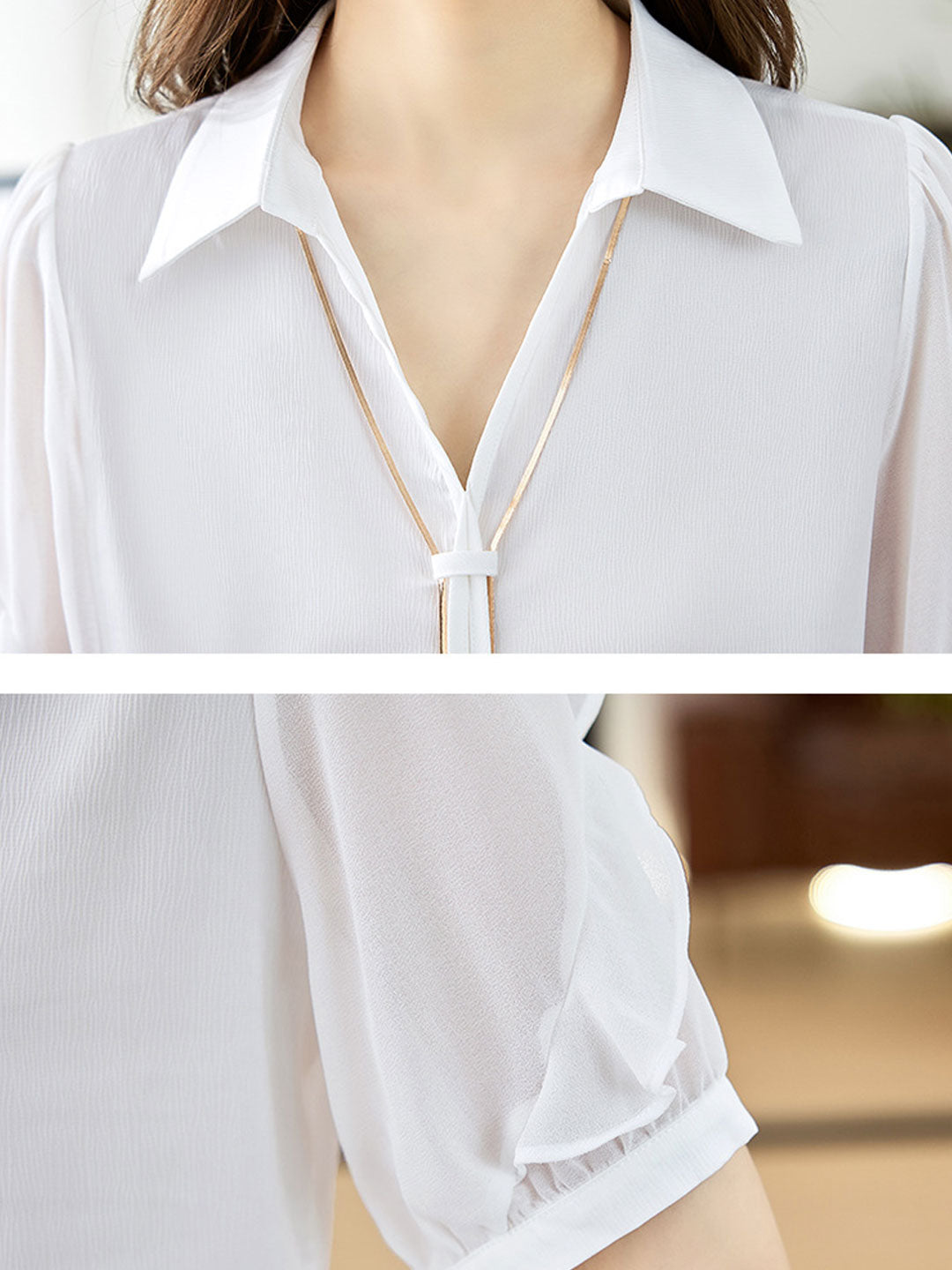 Elizabeth Elegant Lapel Chain Chiffon Shirt-White