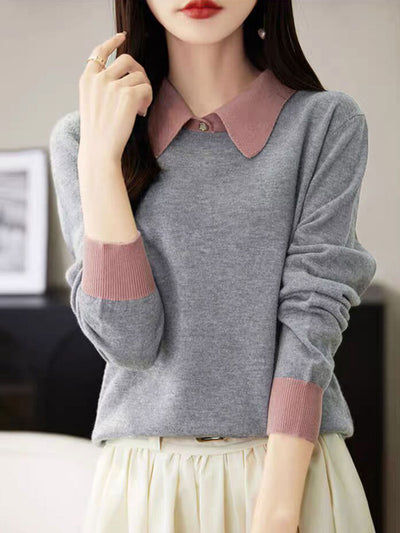 Layla Loose Lapel Color-Blocked Knitted Top