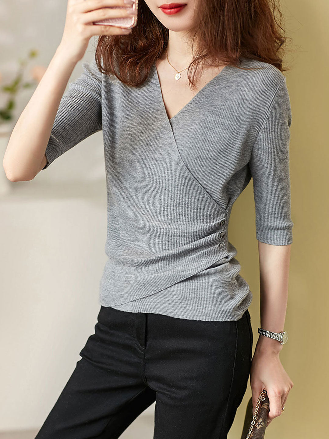 Jocelyn Casual V-Neck Solid Color Knitted Top-Gray