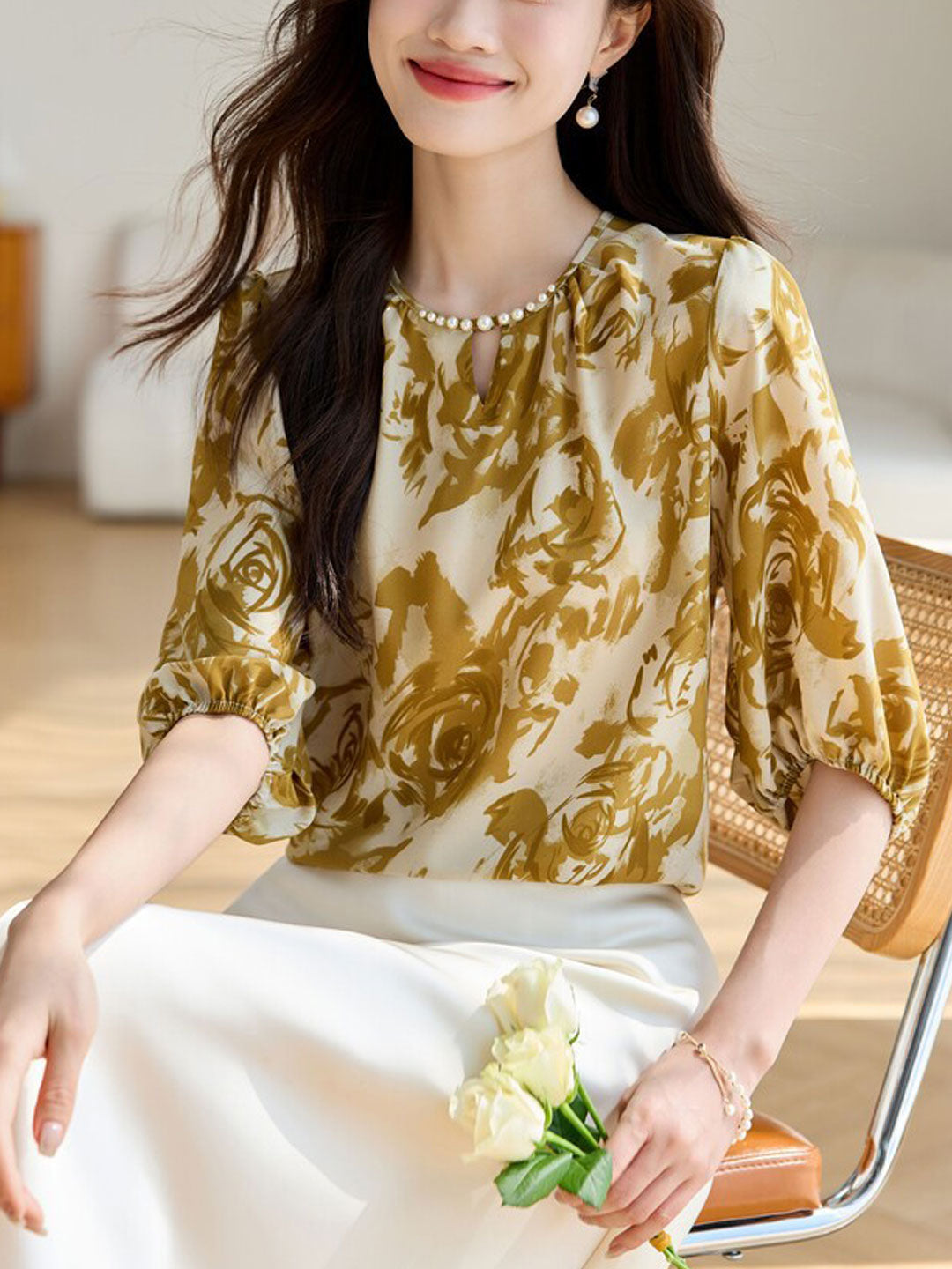 Kayla Loose Crew Neck Printed Chiffon Top