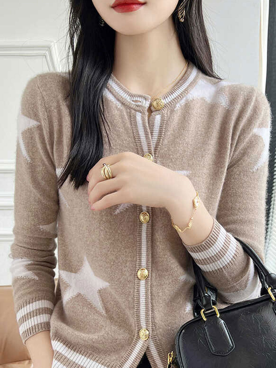 Ava Loose Crew Neck Jacquard Knitted Cardigan