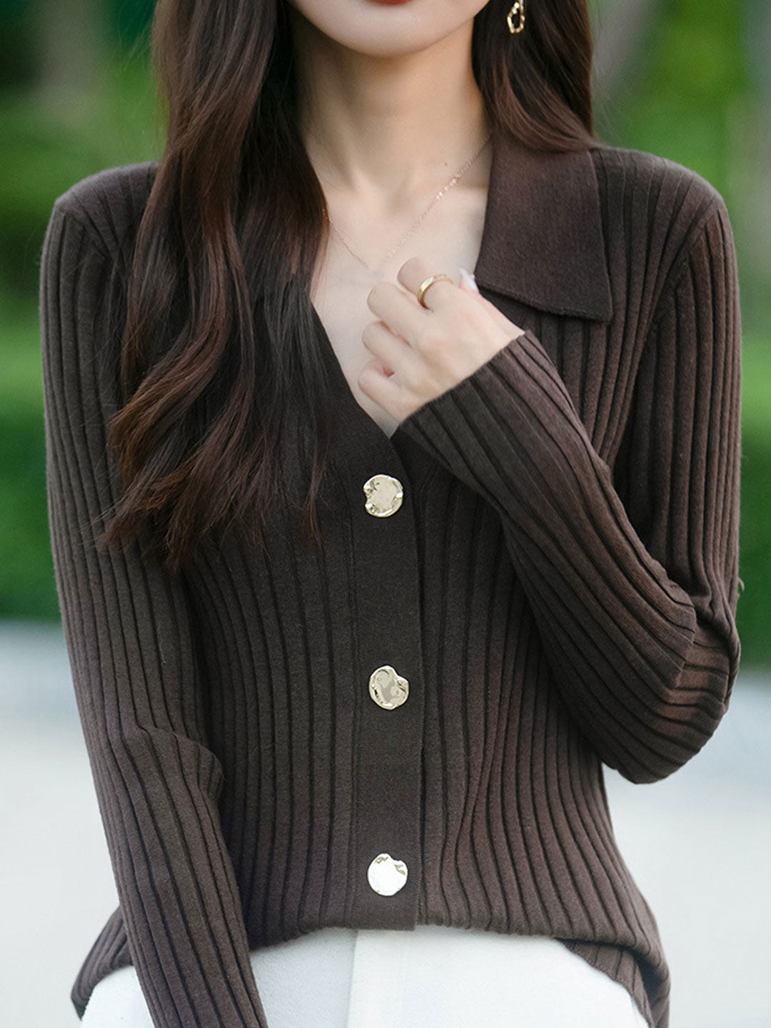 Mia Lapel Solid Color Ribbed Knitted Cardigan