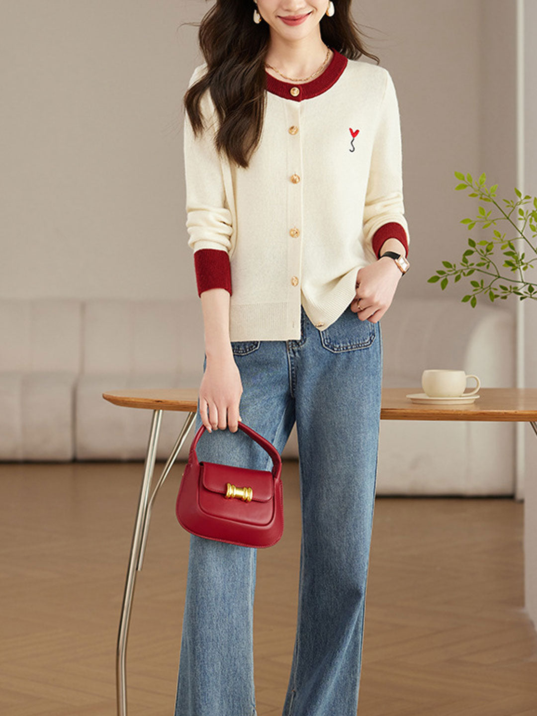 Ruby Loose Crew Neck Contrast Embroidered Knitted Cardigan