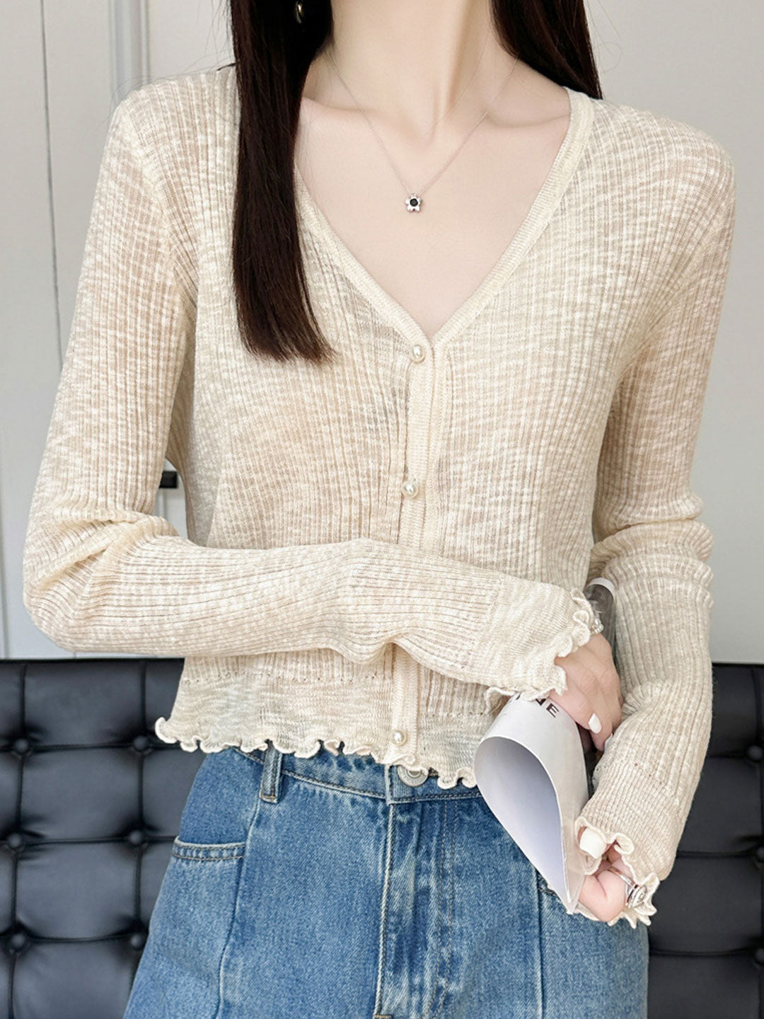 Bella V-Neck Solid Color Auricular Knitted Cardigan-Apricot