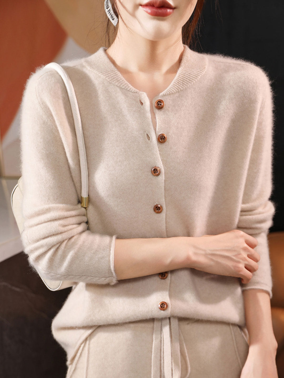 Natalie Classic Crew Neck Solid Color Knitted Cardigan-Apricot