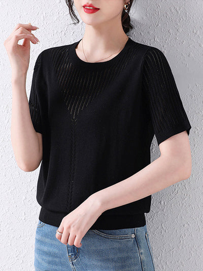 Sophie Loose Crew Neck Hollow Knitted Top-Blue