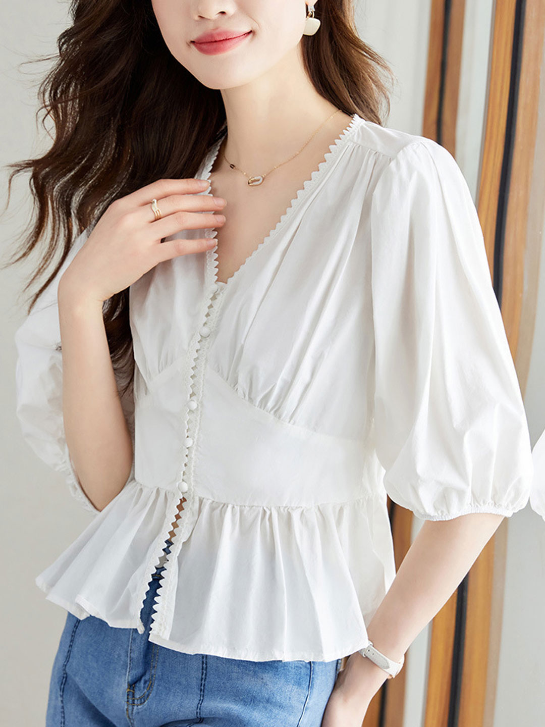 Anna Loose V-Neck Lantern Sleeve Cotton Top