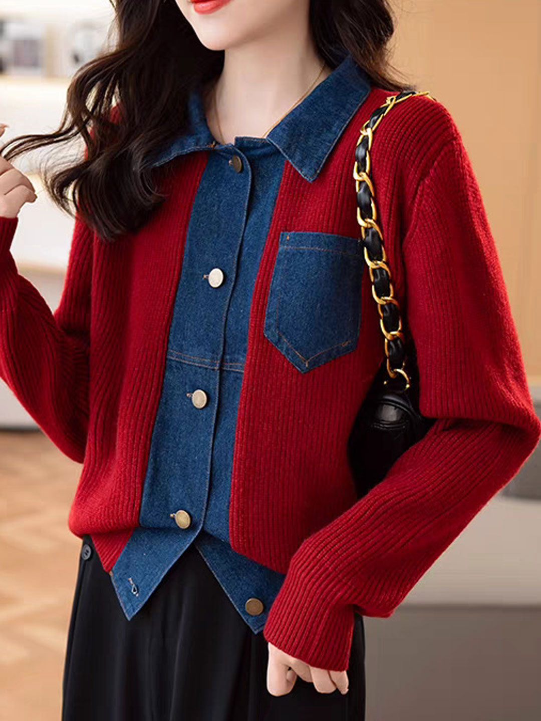 Eva Casual Lapel Patchwork Knitted Cardigan