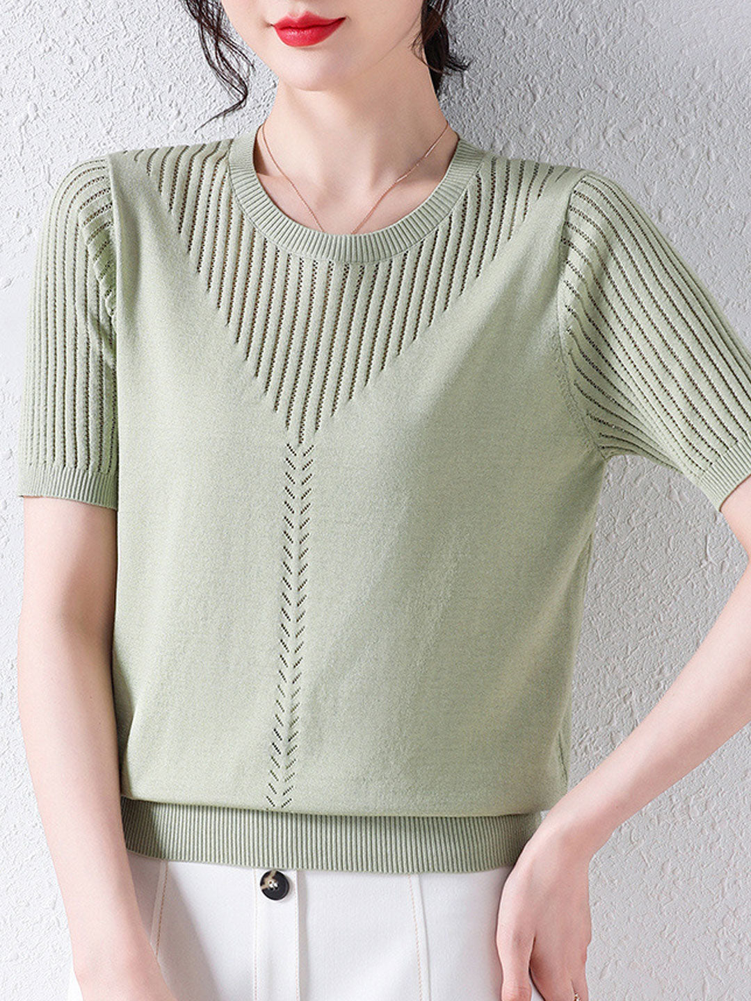 Sophie Loose Crew Neck Hollow Knitted Top-Green