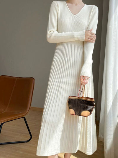 Brianna Elegant V-Neck Knitted Sweater Dress