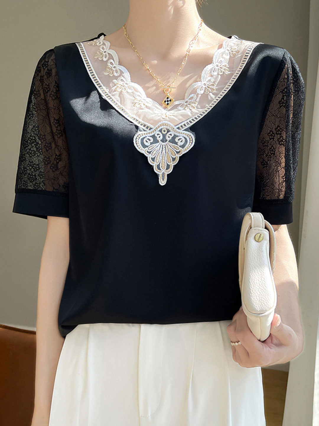 Ava Classic V-Neck Hollowed Lace Satin Top