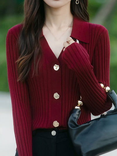 Mia Lapel Solid Color Ribbed Knitted Cardigan