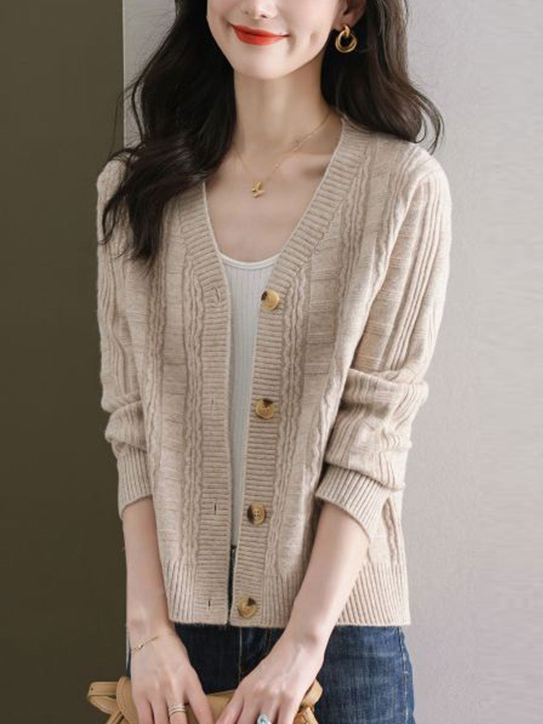 Ava Casual V-Neck Ribbed Solid Color Knitted Cardigan