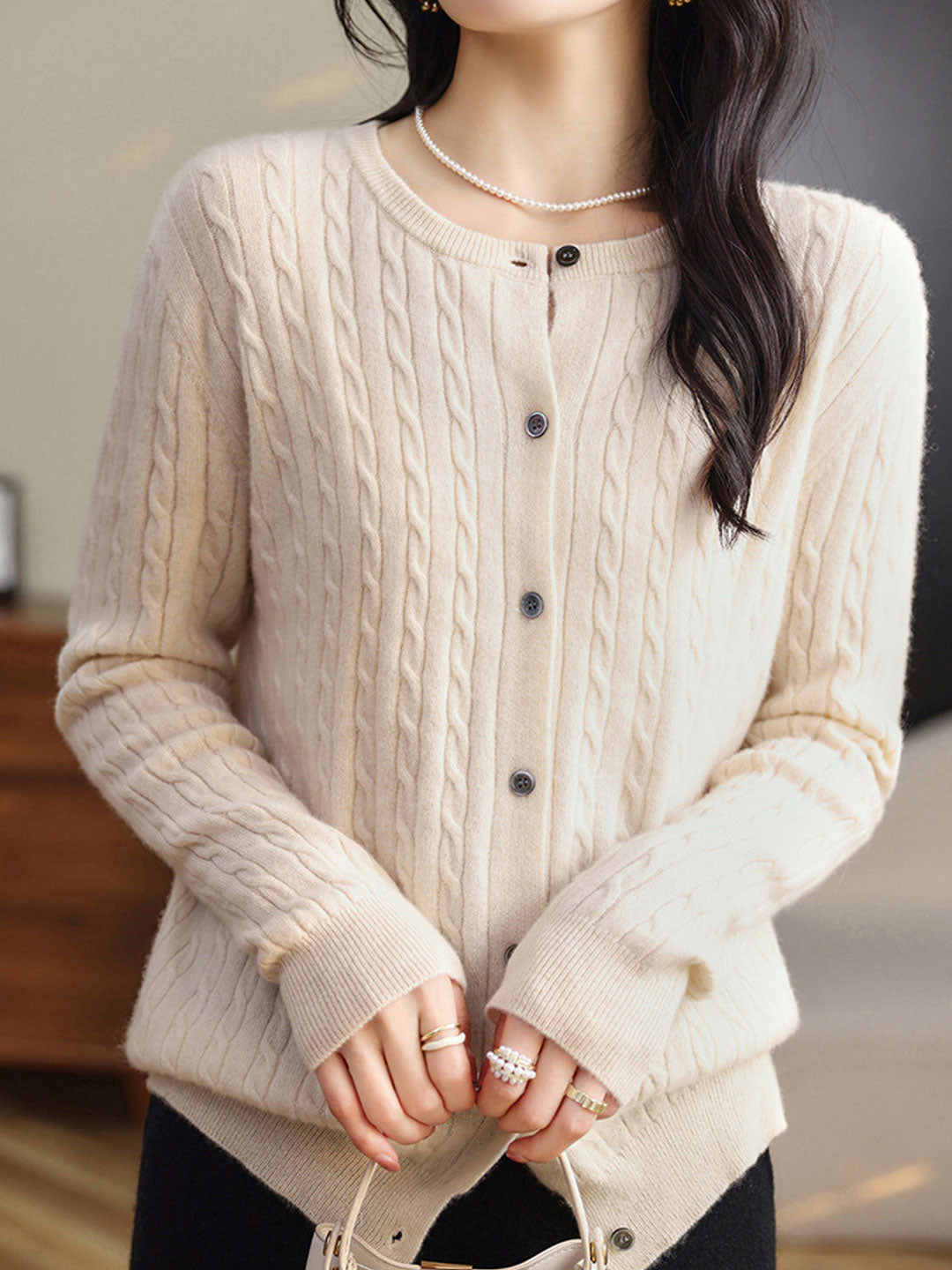 Claire Casual Crew Neck Solid Color Knitted Cardigan