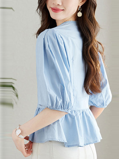 Anna Loose V-Neck Lantern Sleeve Cotton Top