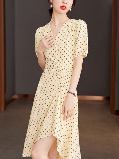 Chloe V-Neck Polka Dot Printed Irregular Dress-Yellow