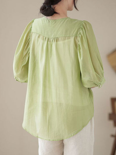 Bailey Retro Crew Neck Puff Sleeve Embroidered Top-Green