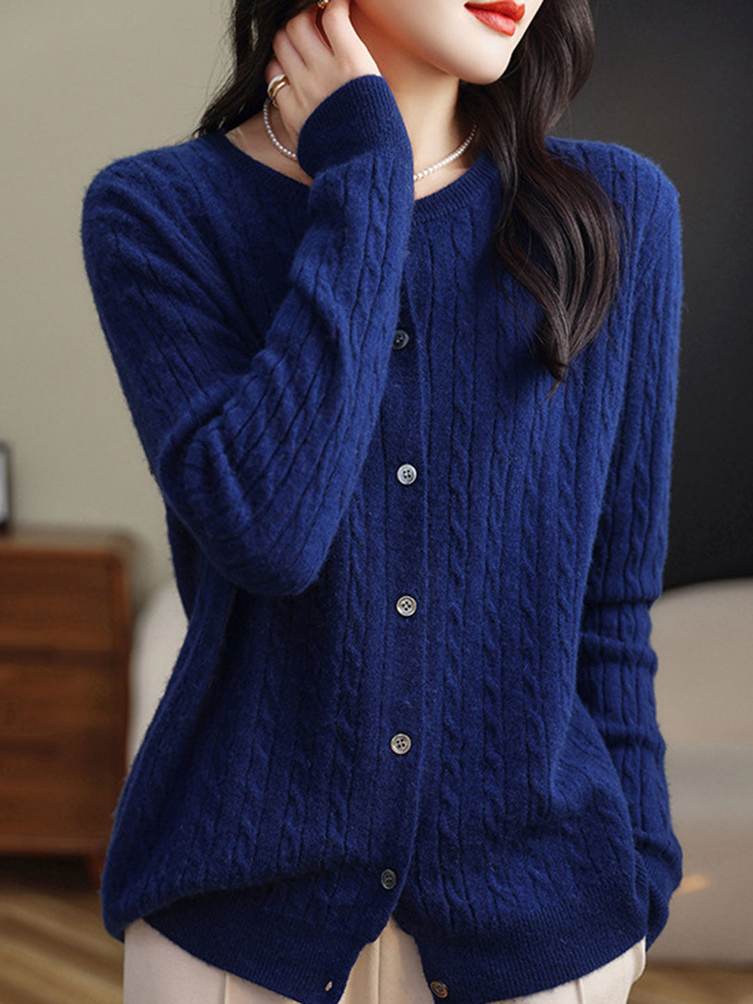 Claire Casual Crew Neck Solid Color Knitted Cardigan