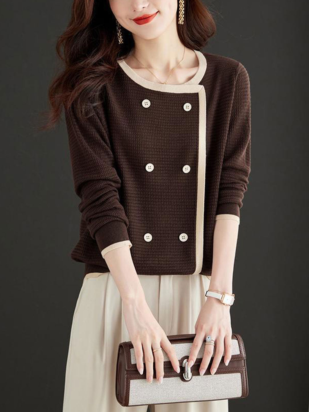 Sophia Loose Crew Neck Knitted Pullover Top-Coffee