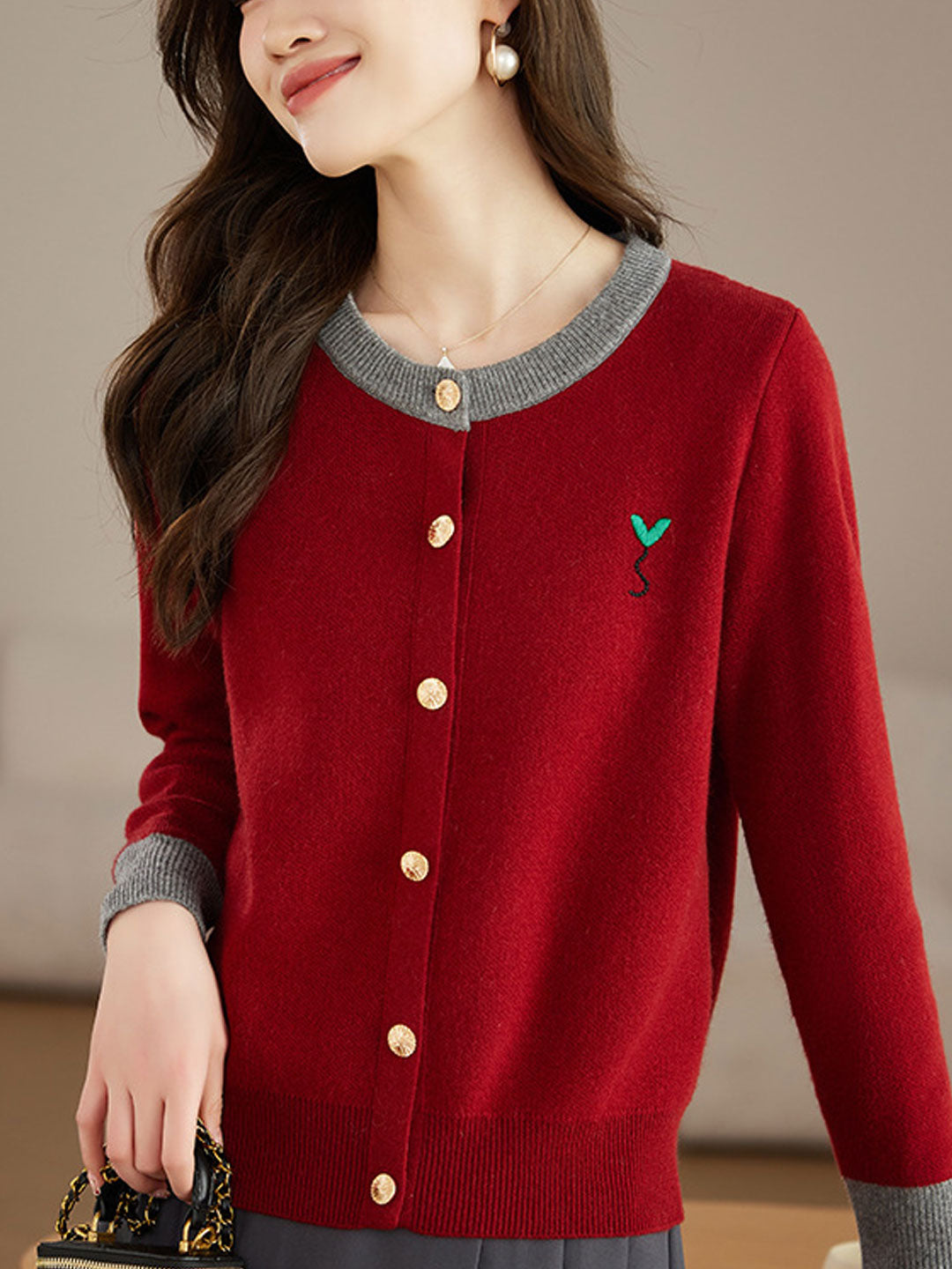 Ruby Loose Crew Neck Contrast Embroidered Knitted Cardigan