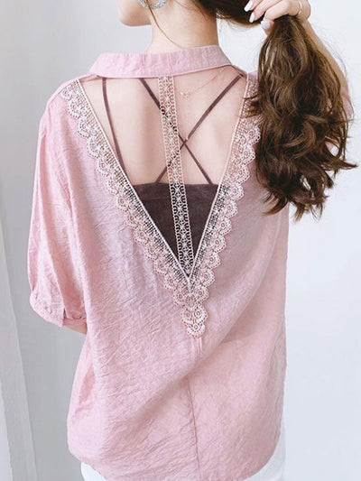 Morgan Classic V-Neck Lace Hollowed Chiffon Top