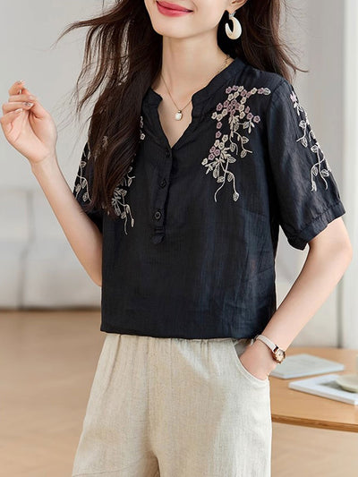 Sarah Classic V-Neck Embroidered Printed Top