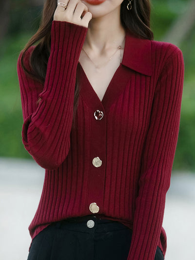 Mia Lapel Solid Color Ribbed Knitted Cardigan