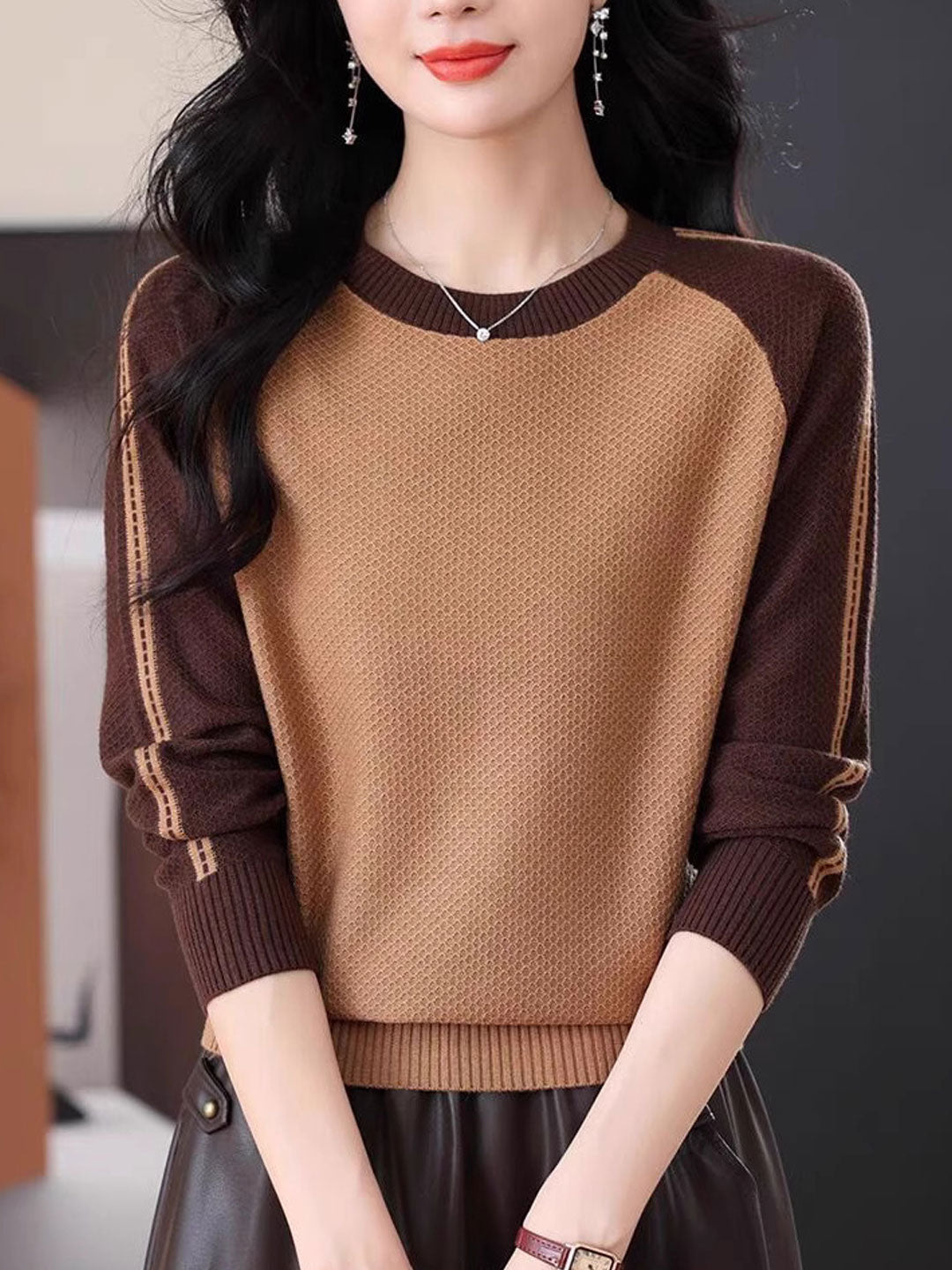 Camila Casual Crew Neck Colorblock Knitted Sweater