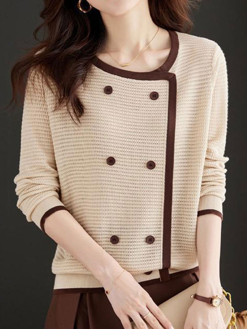 Sophia Loose Crew Neck Knitted Pullover Top-Coffee