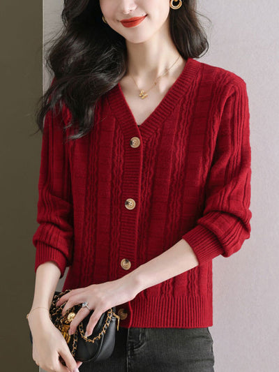 Ava Casual V-Neck Ribbed Solid Color Knitted Cardigan