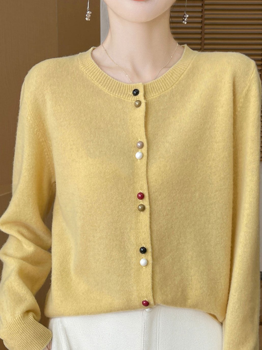 Mya Loose Crew Neck Solid Color Knitted Cardigan-Yellow