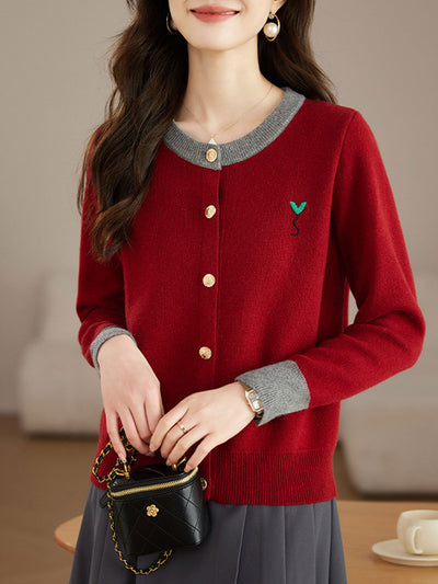 Ruby Loose Crew Neck Contrast Embroidered Knitted Cardigan