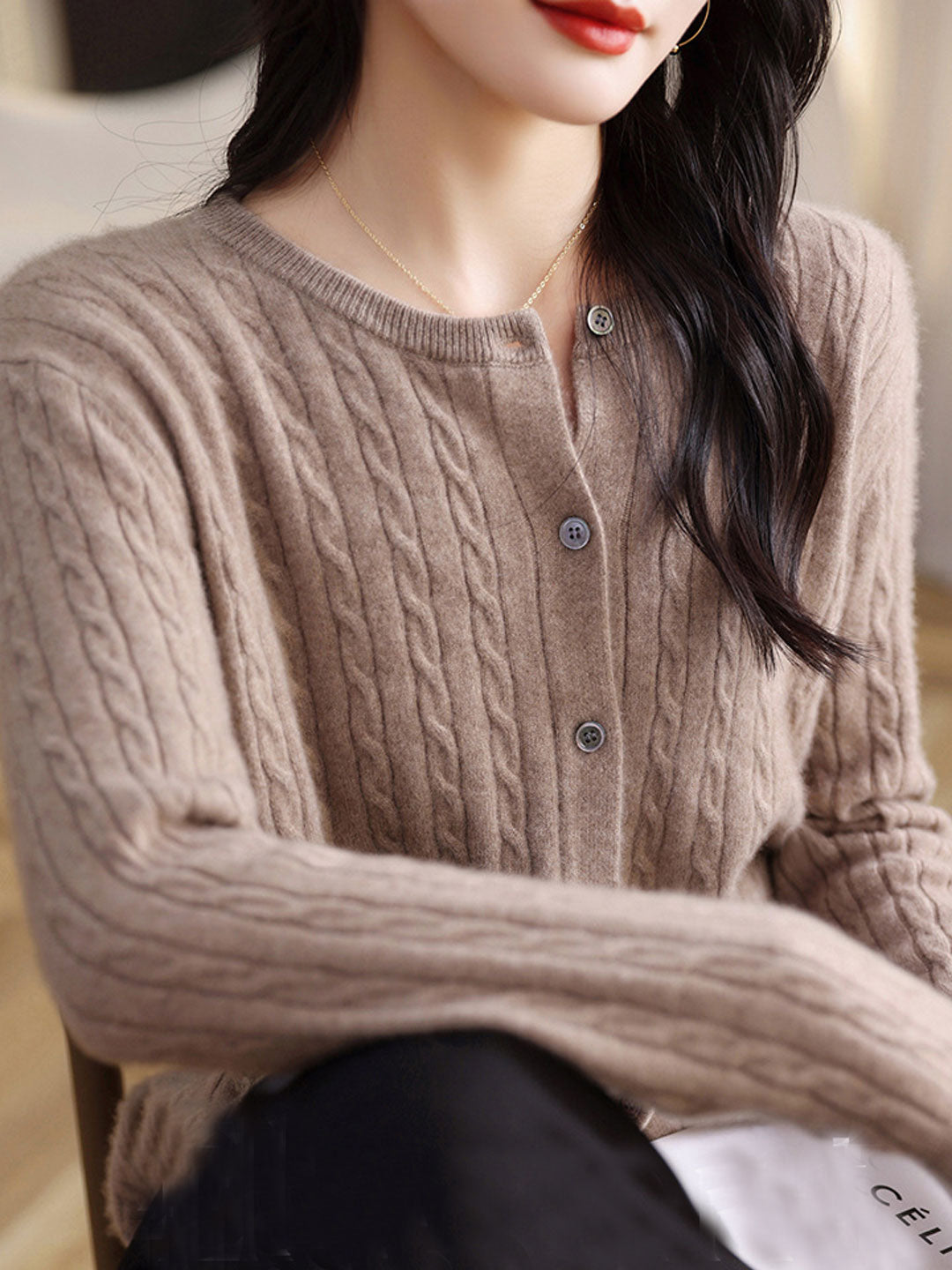 Claire Casual Crew Neck Solid Color Knitted Cardigan