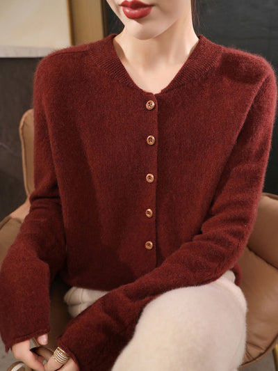 Natalie Classic Crew Neck Solid Color Knitted Cardigan-Apricot