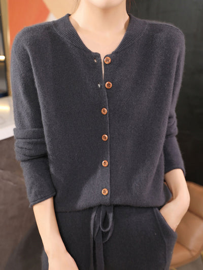 Natalie Classic Crew Neck Solid Color Knitted Cardigan-Apricot