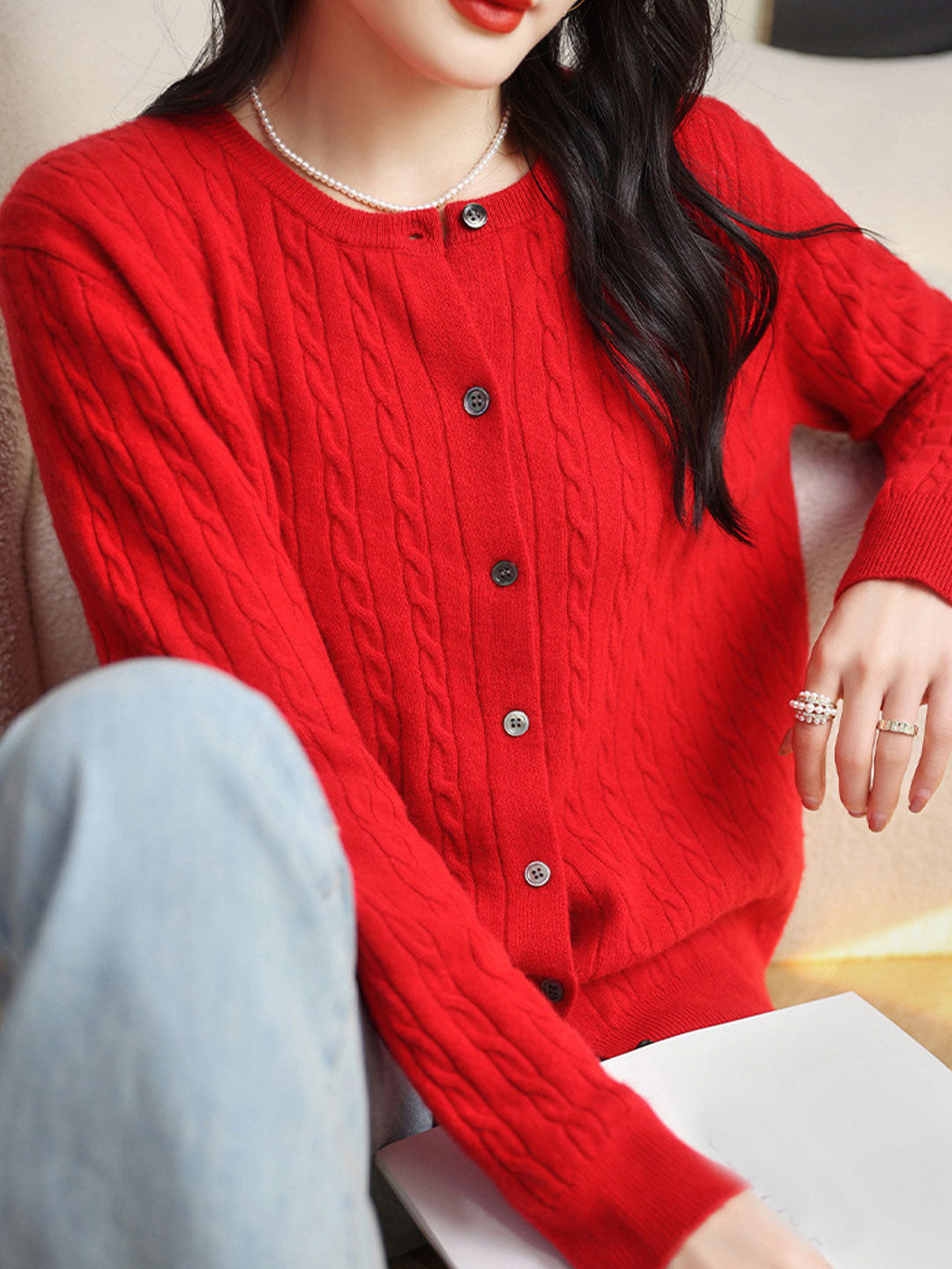 Claire Casual Crew Neck Solid Color Knitted Cardigan