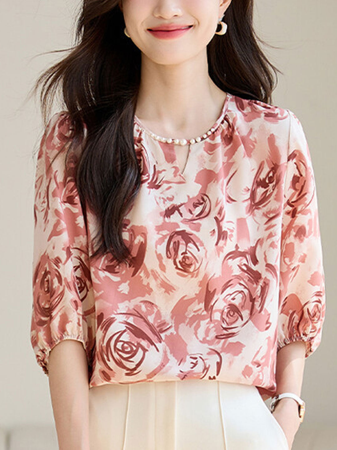 Kayla Loose Crew Neck Printed Chiffon Top