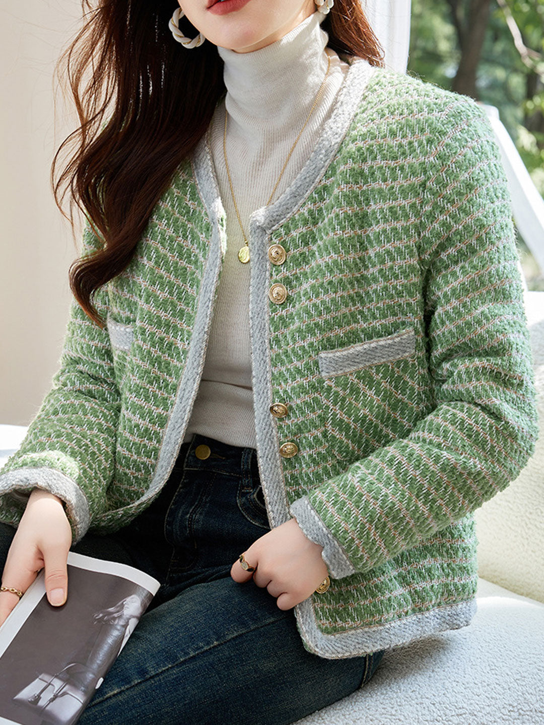 Molly Classic Crew Neck Yarn Button Tweed Jacket