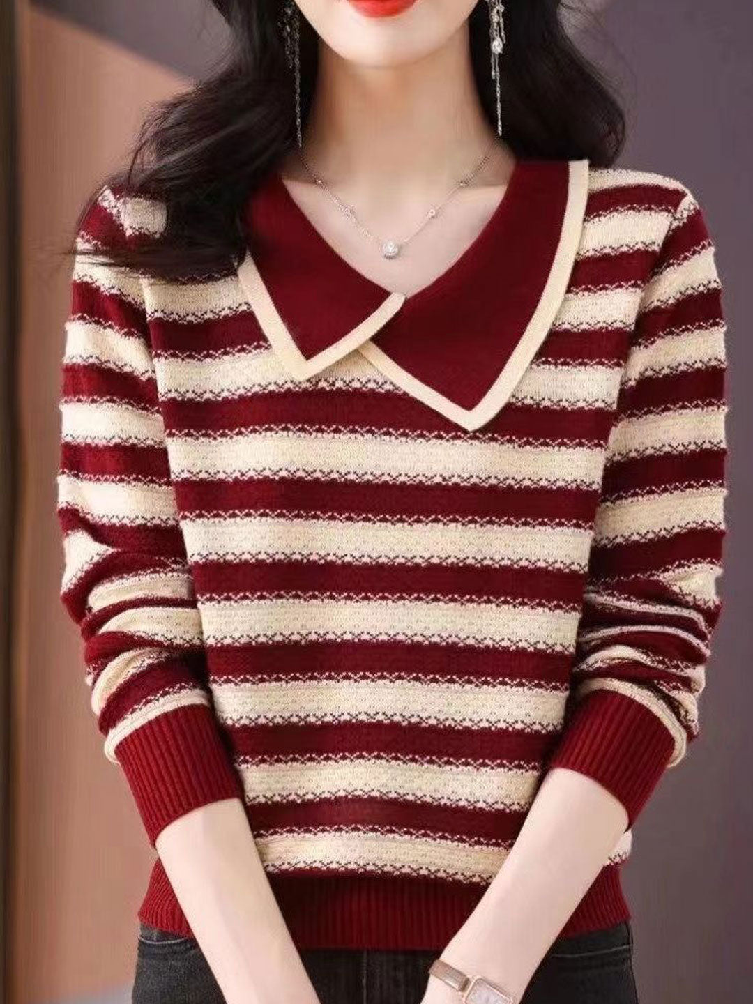 Sofia Loose Lapel Striped Knitted Sweater